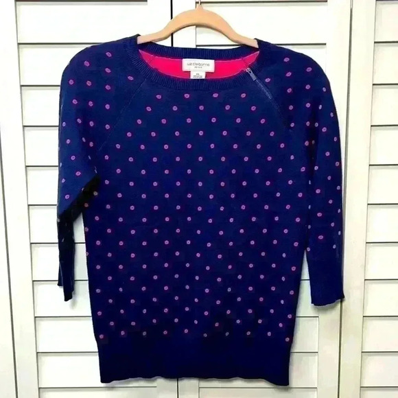 Liz Claiborne 3/4 Sleeve Pullover Polka Dot Sweater Size Petite Small Navy/Pink - Picture 1 of 9